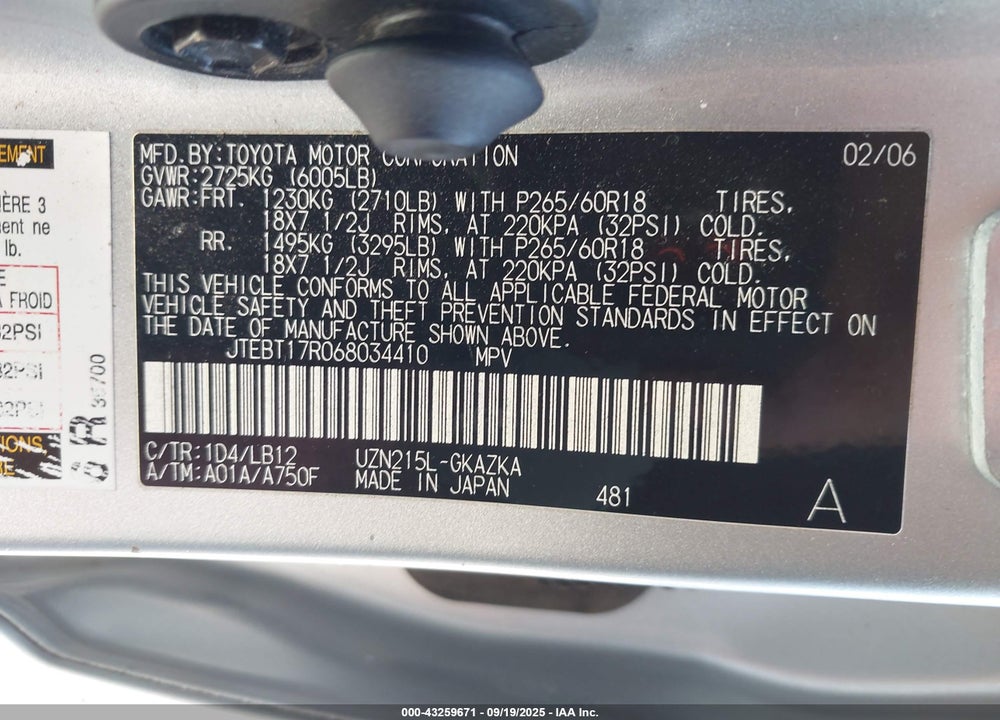 2006 TOYOTA 4RUNNER VIN: JTEBT17R068034410