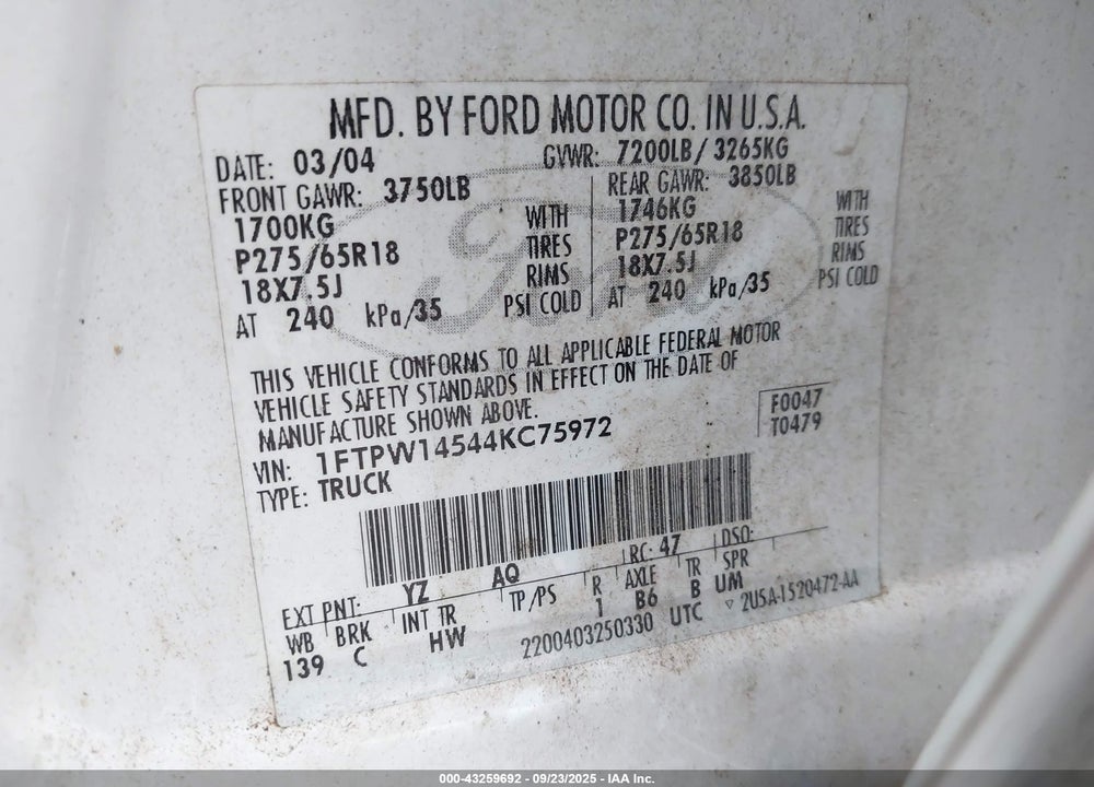 2004 FORD F-150 FX4/LARIAT/XLT VIN: 1FTPW14544KC75972