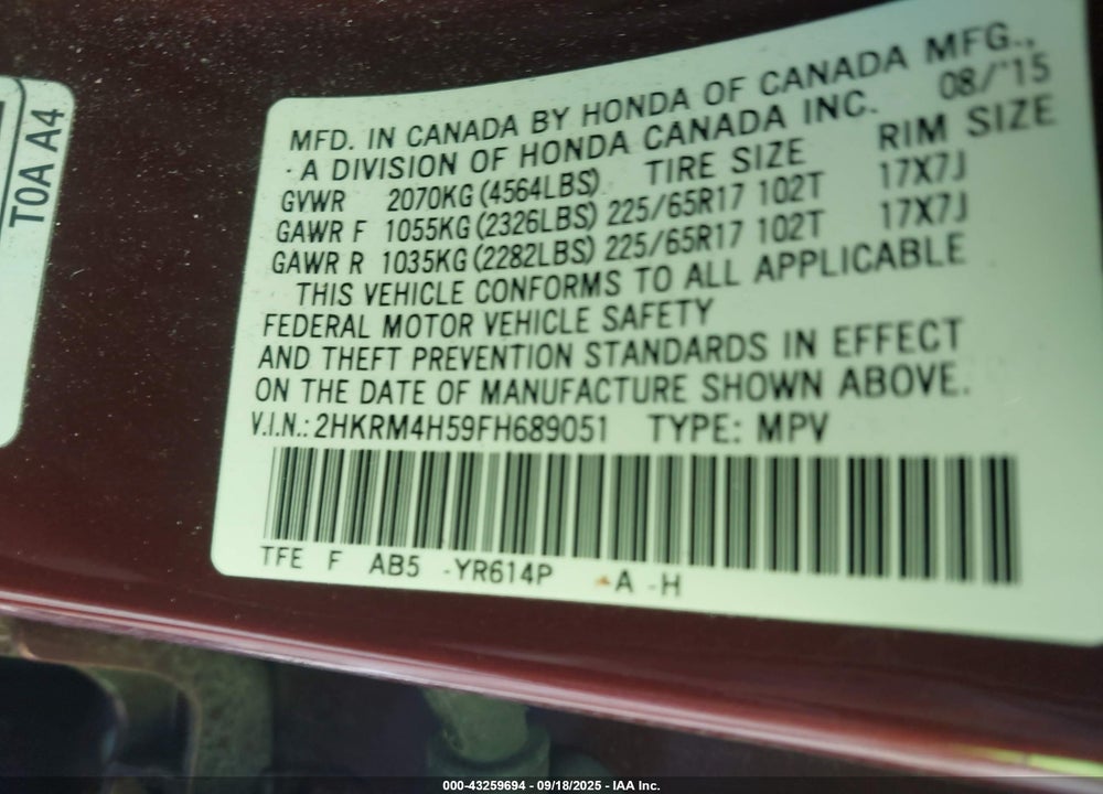2015 HONDA CR-V VIN: 2HKRM4H59FH689051