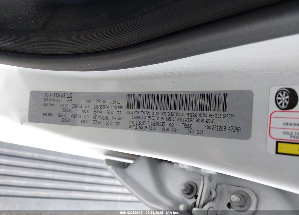 2019 RAM 1500 VIN: 1C6SRFHT1KN594935