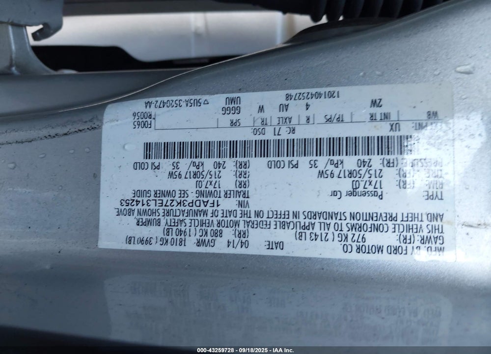 2014 FORD FOCUS VIN: 1FADP3K27EL314253