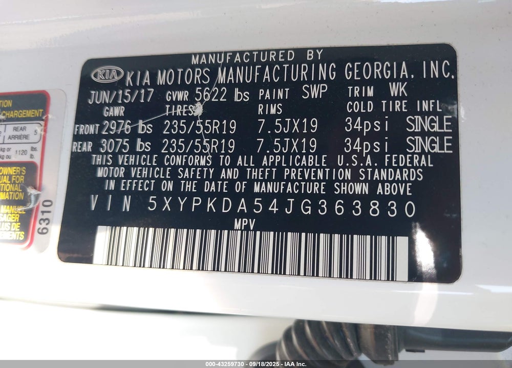 2018 KIA SORENTO VIN: 5XYPKDA54JG363830