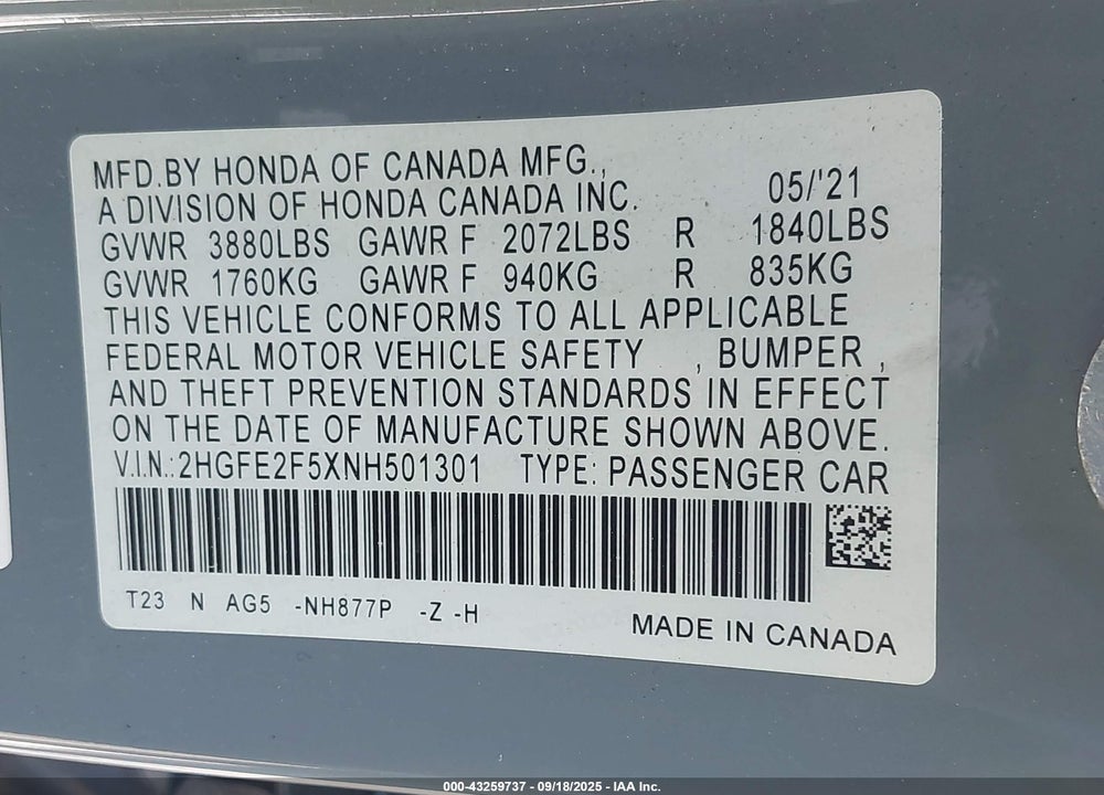 2022 HONDA CIVIC VIN: 2HGFE2F5XNH501301
