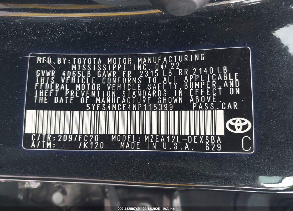 2022 TOYOTA COROLLA SE NIGHTSHADE EDITION VIN: 5YFS4MCE4NP115399