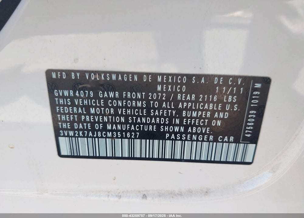 2012 VOLKSWAGEN JETTA VIN: 3VW2K7AJ8CM351627