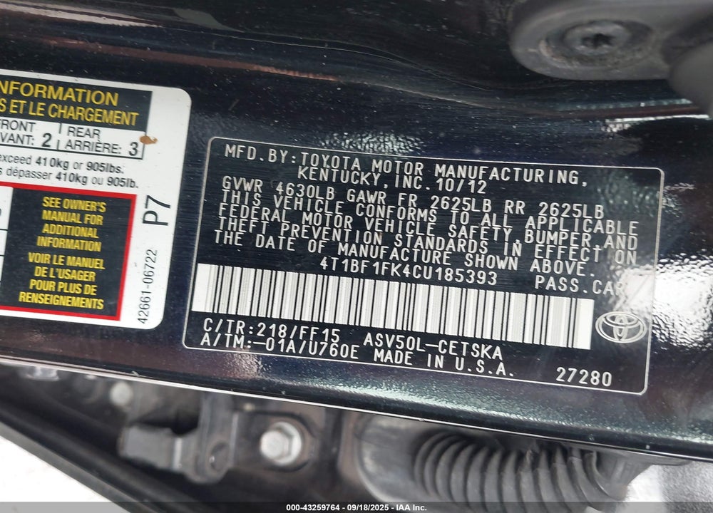 2012 TOYOTA CAMRY SE VIN: 4T1BF1FK4CU185393