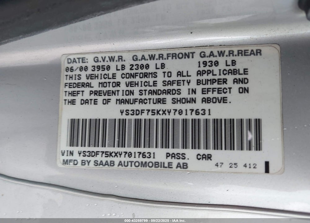2000 SAAB 9-3 SE VIN: YS3DF75KXY7017631