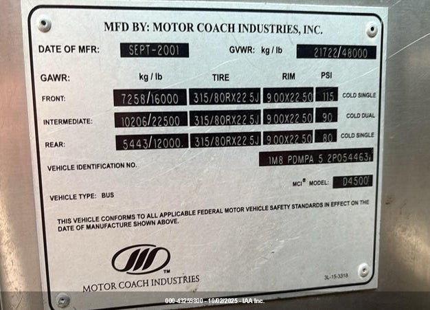 2002 MOTOR COACH INDUSTRIES TRANSIT BUS VIN: 1M8PDMPA52P054463