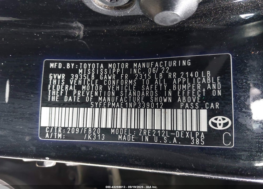 2022 TOYOTA COROLLA LE VIN: 5YFEPMAE1NP339012