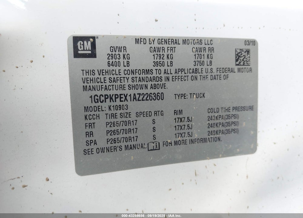 2010 CHEVROLET SILVERADO 1500 VIN: 1GCPKPEX1AZ226360