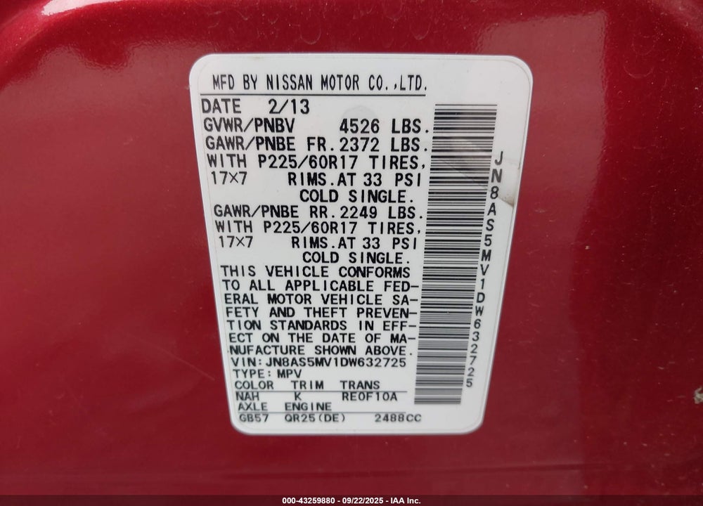 2013 NISSAN ROGUE SV VIN: JN8AS5MV1DW632725