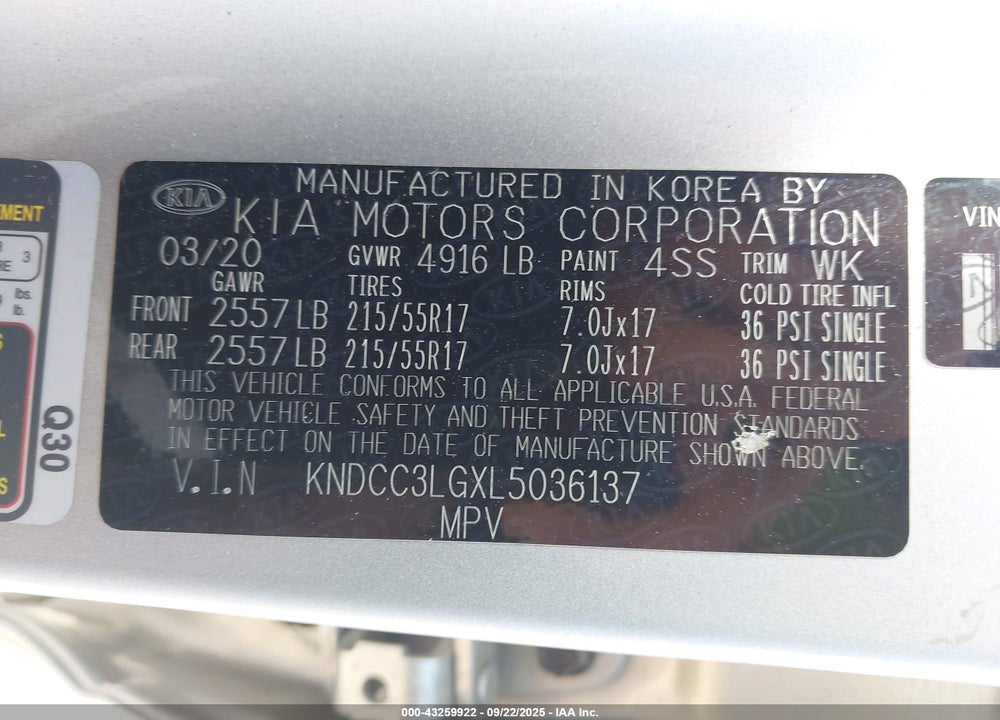 2020 KIA NIRO VIN: KNDCC3LGXL5036137