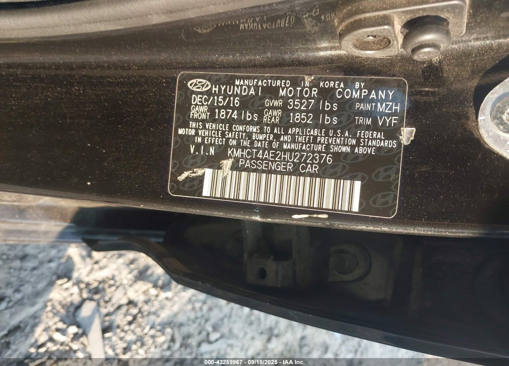 2017 HYUNDAI ACCENT VIN: KMHCT4AE2HU272376