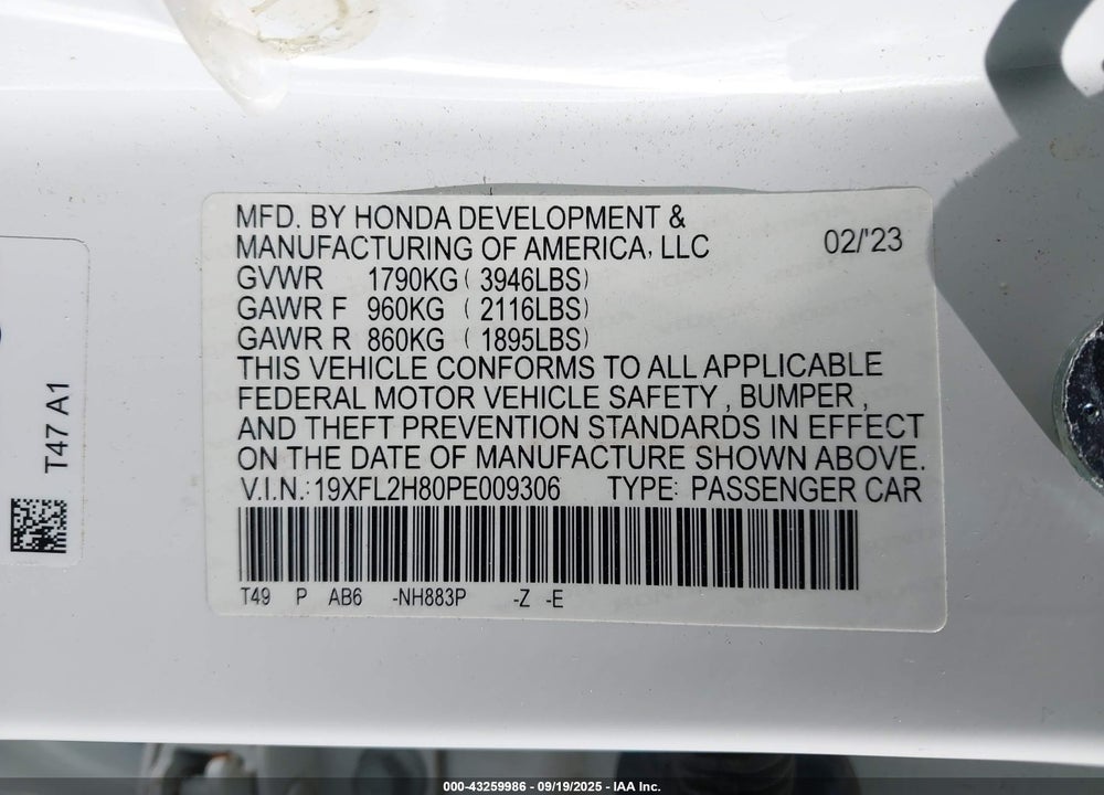 2023 HONDA CIVIC VIN: 19XFL2H80PE009306