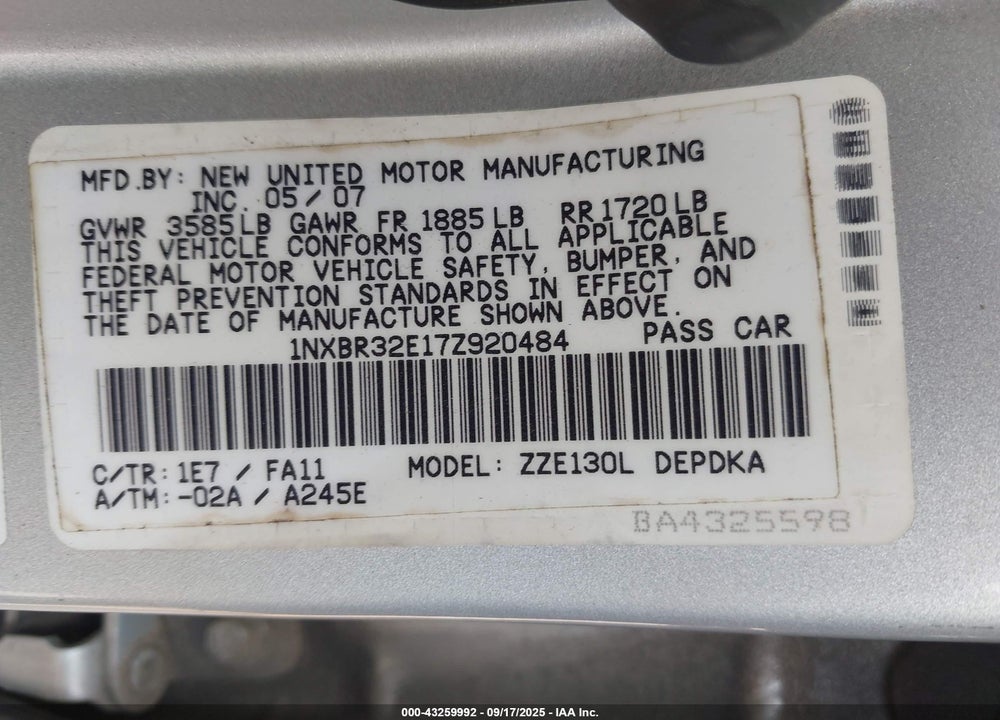 2007 TOYOTA COROLLA CE VIN: 1NXBR32E17Z920484