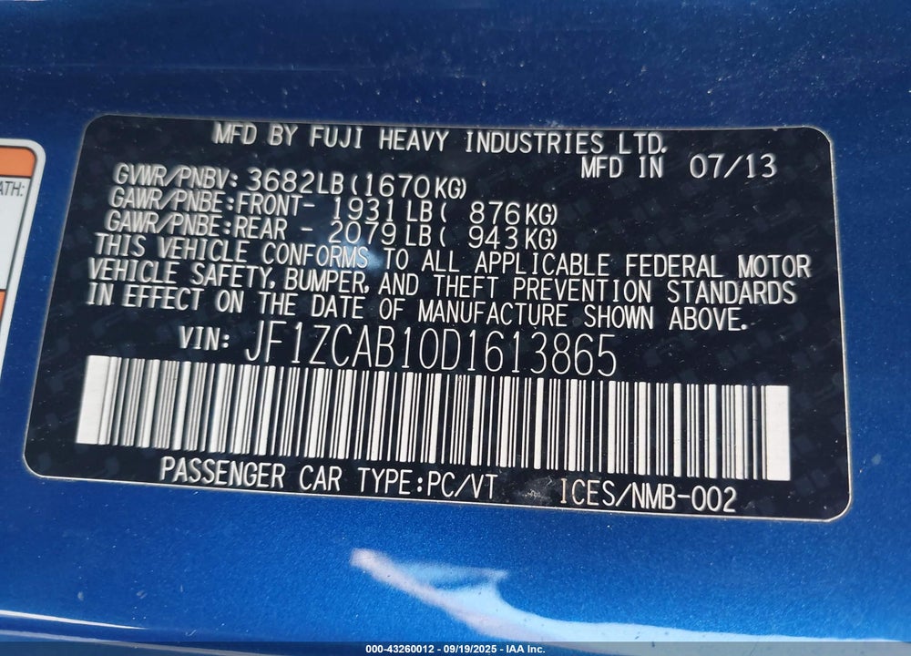 2013 SUBARU BRZ PREMIUM VIN: JF1ZCAB10D1613865