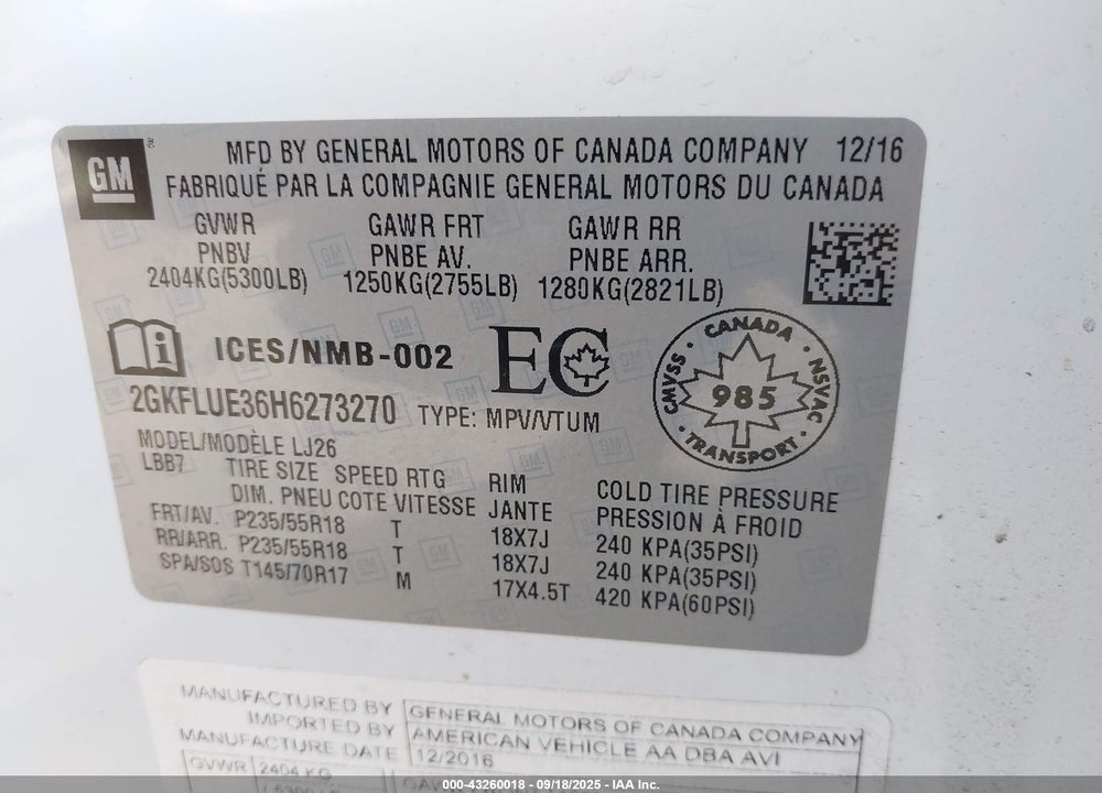 2017 GMC TERRAIN VIN: 2GKFLUE36H6273270