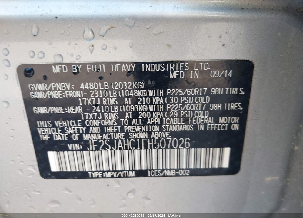 2015 SUBARU FORESTER VIN: JF2SJAHC1FH507026