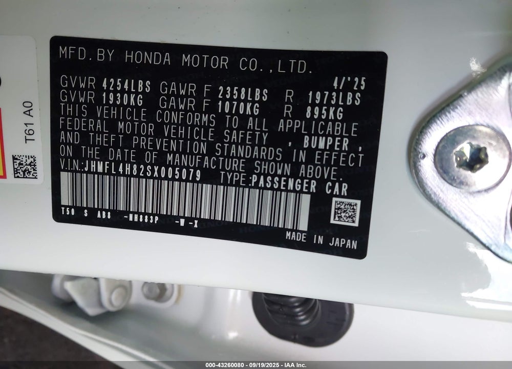 2025 HONDA CIVIC HYBRID VIN: JHMFL4H82SX005079