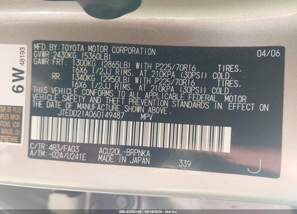 2006 TOYOTA HIGHLANDER VIN: JTEDD21A060149487