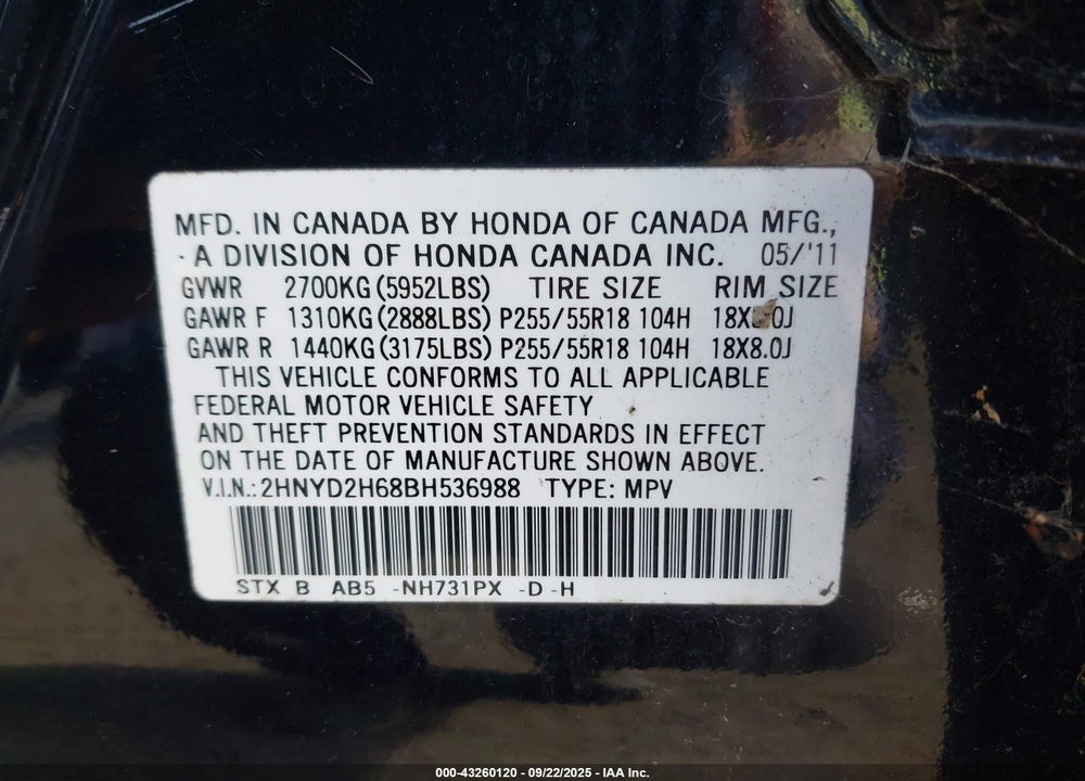2011 ACURA MDX VIN: 2HNYD2H68BH536988