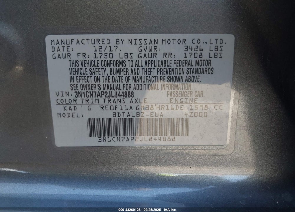 2018 NISSAN VERSA 1.6 SV VIN: 3N1CN7AP2JL844888