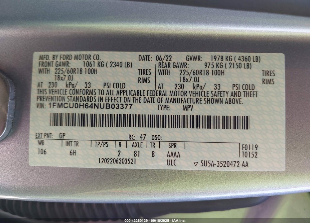 2022 FORD ESCAPE VIN: 1FMCU0H64NUB03377