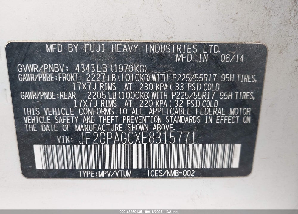 2014 SUBARU XV CROSSTREK VIN: JF2GPAGCXE8315771