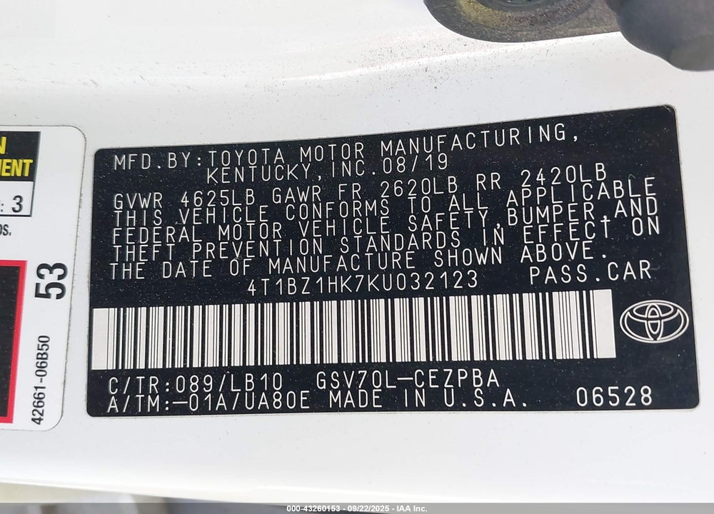 2019 TOYOTA CAMRY VIN: 4T1BZ1HK7KU032123