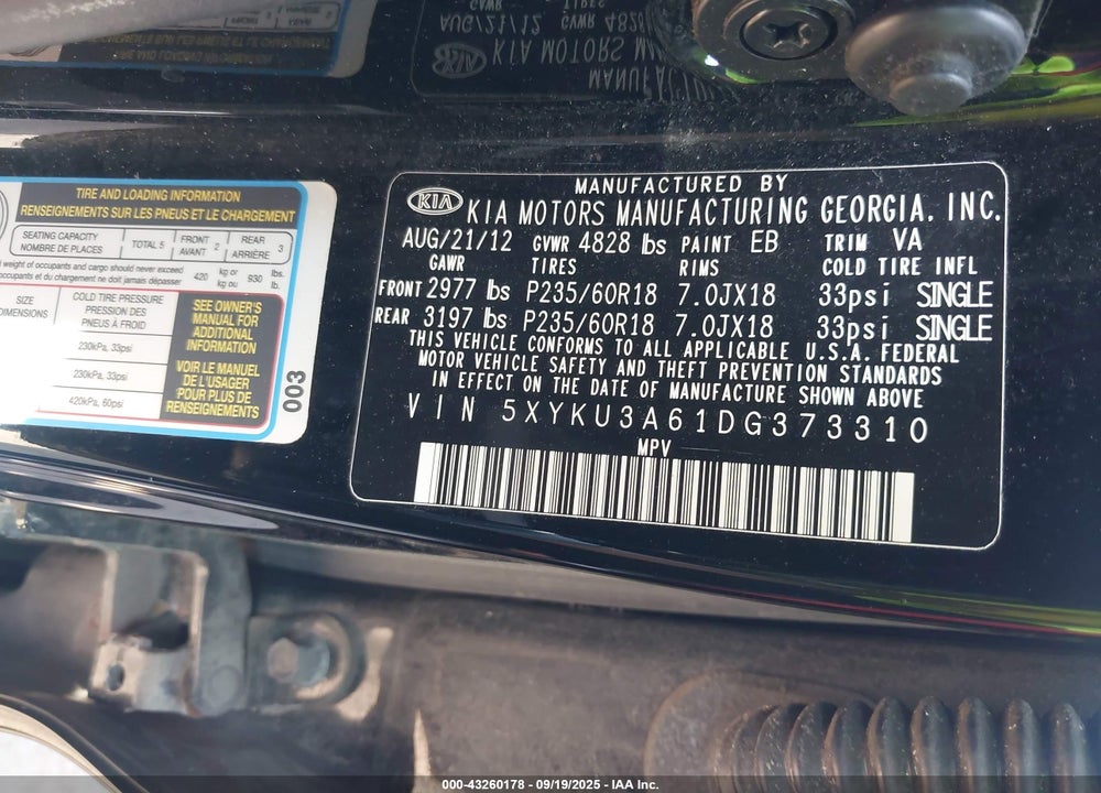 2013 KIA SORENTO VIN: 5XYKU3A61DG373310