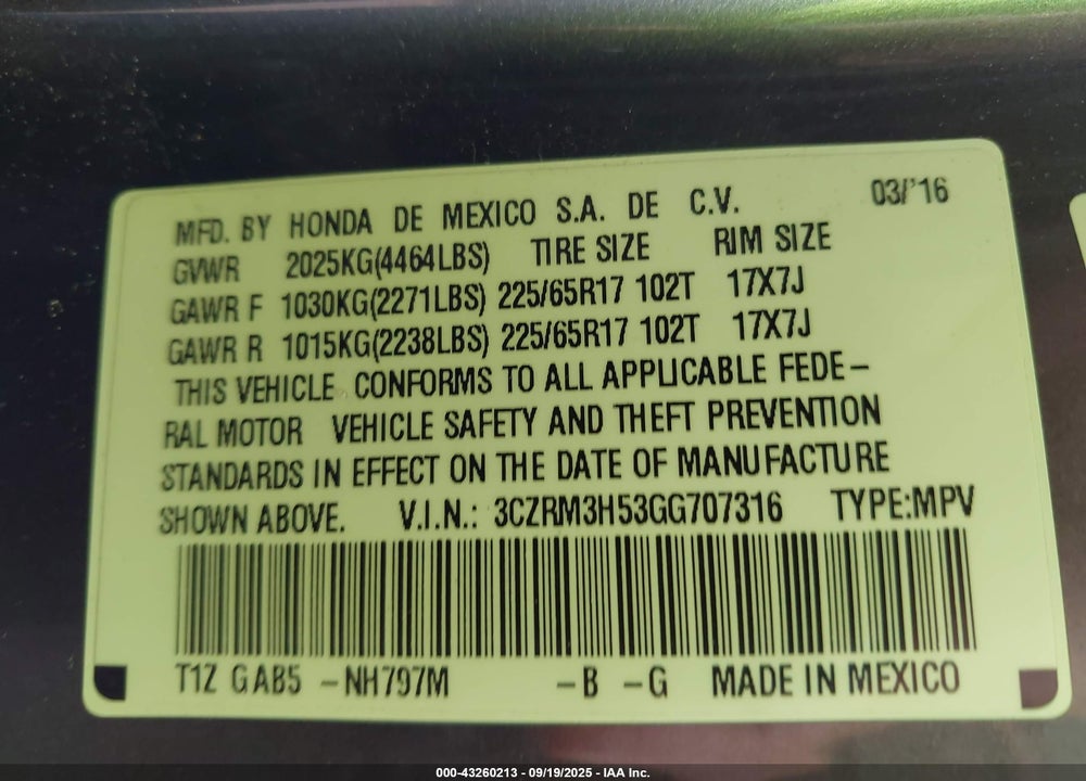 2016 HONDA CR-V VIN: 3CZRM3H53GG707316