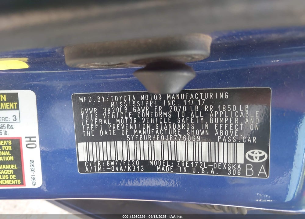 2018 TOYOTA COROLLA VIN: 5YFBURHE0JP776069