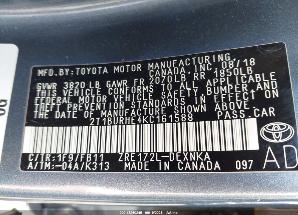 2019 TOYOTA COROLLA VIN: 2T1BURHE4KC161588