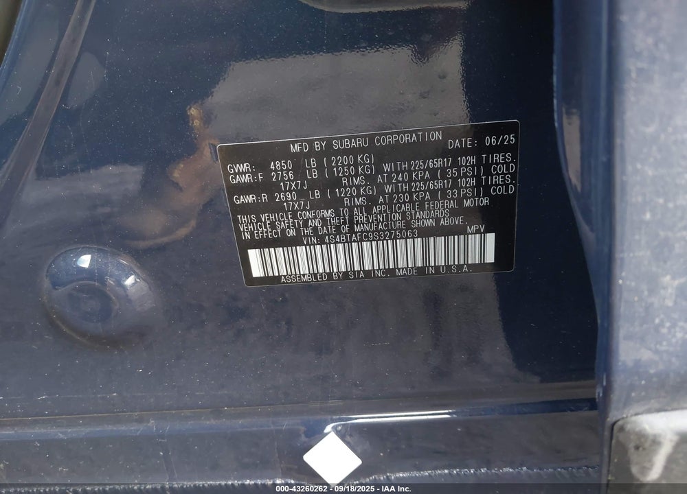 2025 SUBARU OUTBACK VIN: 4S4BTAFC9S3275063