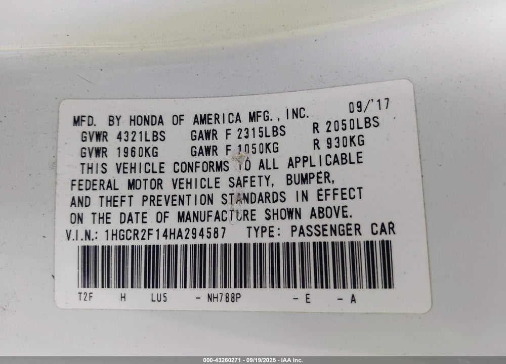 2017 HONDA ACCORD VIN: 1HGCR2F14HA294587