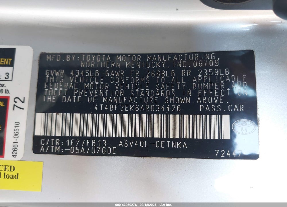 2010 TOYOTA CAMRY VIN: 4T4BF3EK6AR034426