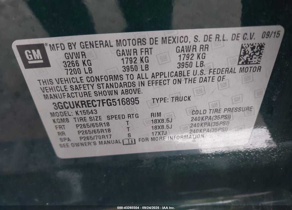 2015 CHEVROLET SILVERADO 1500 1LT VIN: 3GCUKREC7FG516895