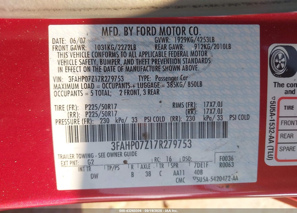 2007 FORD FUSION SE VIN: 3FAHP07Z17R279753