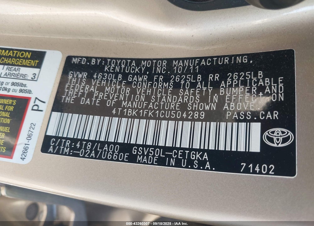 2012 TOYOTA CAMRY XLE V6 VIN: 4T1BK1FK1CU504289