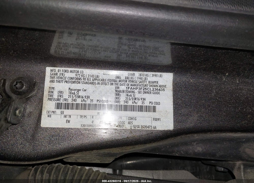 2012 FORD FOCUS SE VIN: 1FAHP3F25CL236435