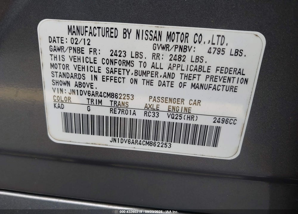 2012 INFINITI G25 VIN: JN1DV6AR4CM862253