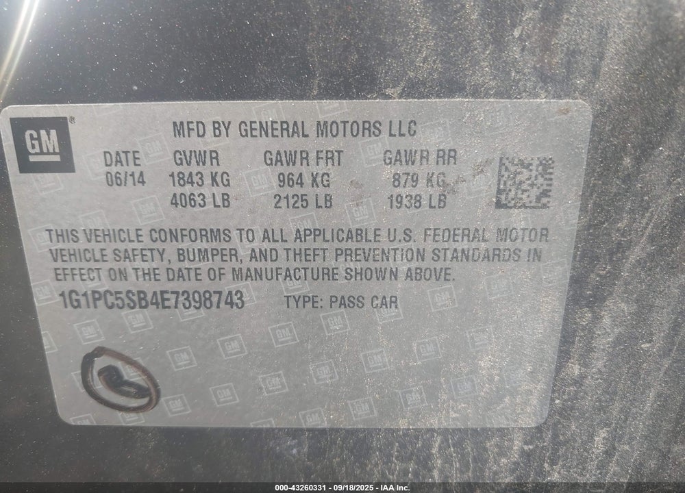 2014 CHEVROLET CRUZE 1LT AUTO VIN: 1G1PC5SB4E7398743