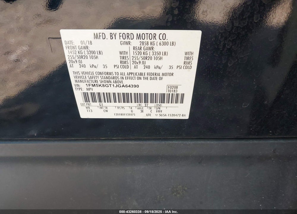 2018 FORD EXPLORER SPORT VIN: 1FM5K8GT1JGA64390