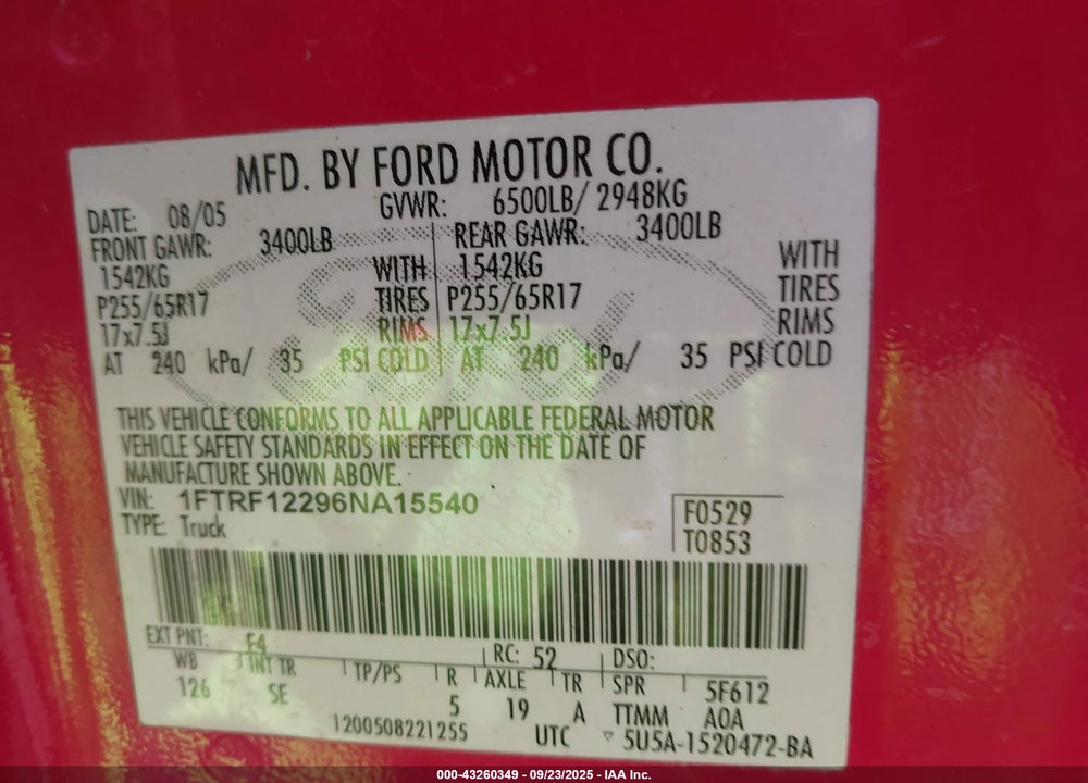 2006 FORD F-150 VIN: 1FTRF12296NA15540