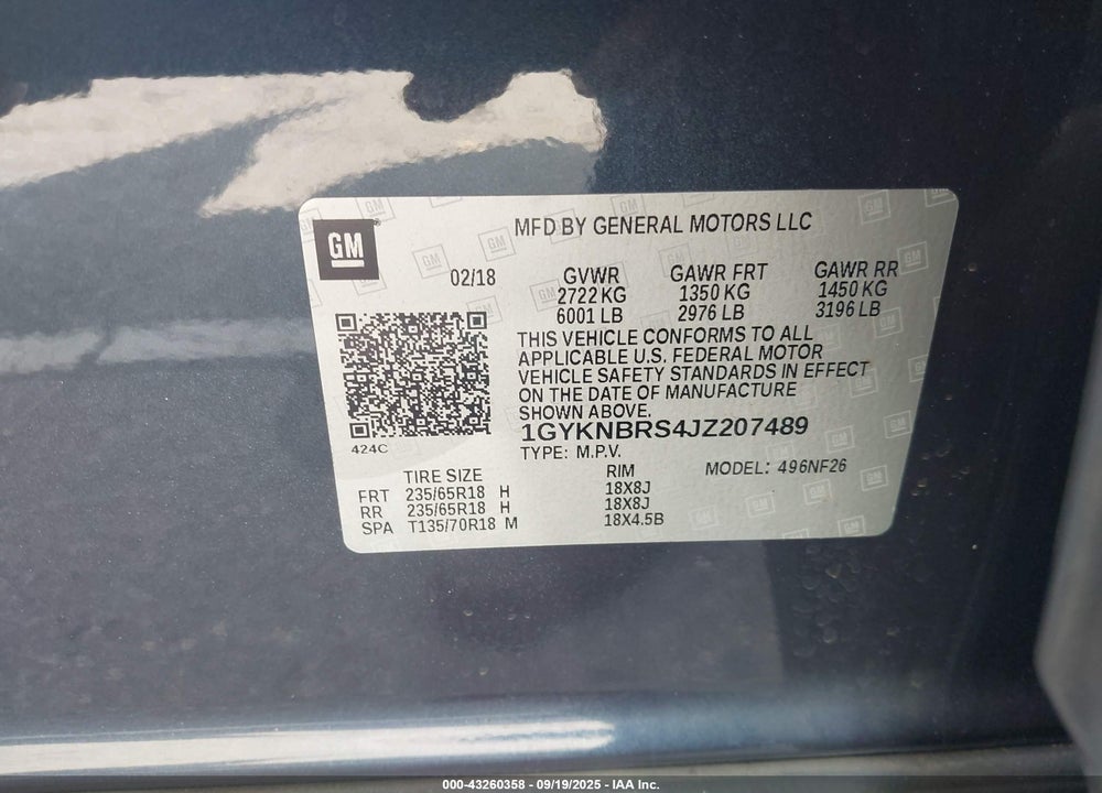 2018 CADILLAC XT5 VIN: 1GYKNBRS4JZ207489