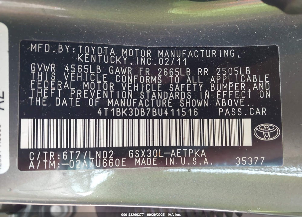 2011 TOYOTA AVALON LIMITED VIN: 4T1BK3DB7BU411516