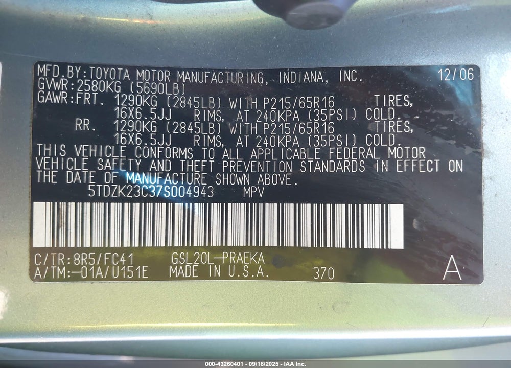 2007 TOYOTA SIENNA LE VIN: 5TDZK23C37S004943