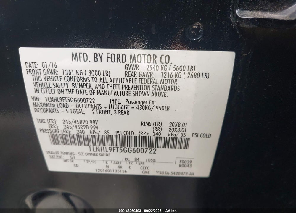 2016 LINCOLN MKS ECOBOOST VIN: 1LNHL9FT5GG600722