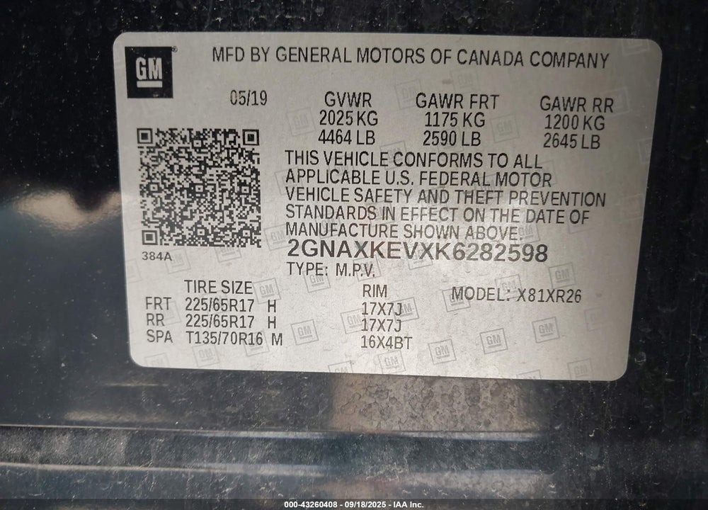 2019 CHEVROLET EQUINOX VIN: 2GNAXKEVXK6282598
