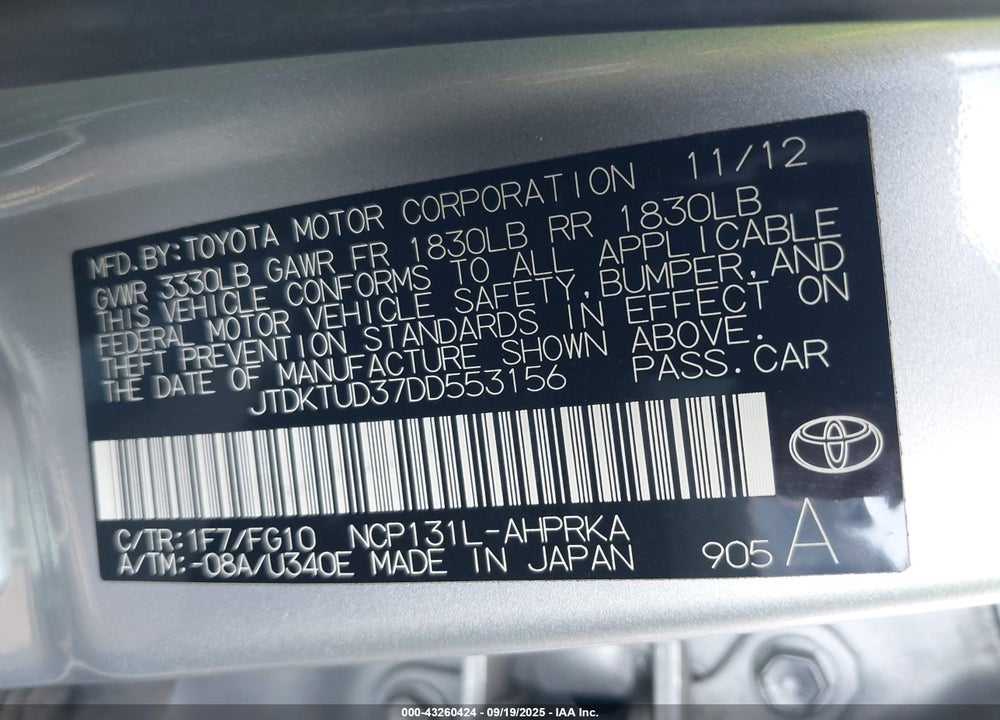 2013 TOYOTA YARIS VIN: JTDKTUD37DD553156
